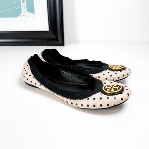 Tory Burch Women's Minnie Travel Ballet Flats Polka Dot Pink Black 7.5M
